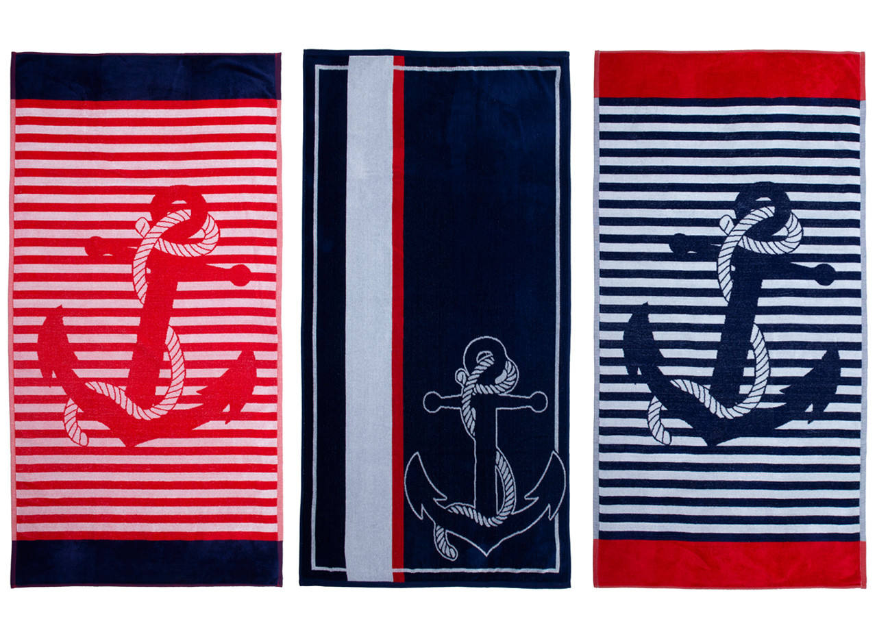 Telo Mare 90x165 Spiaggia Piscina Spugna Jacquard Modello Nautical Anchor