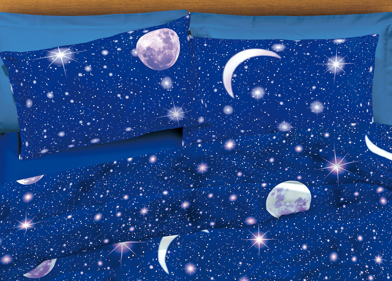 Set Di Federe In Puro Cotone Fantasia Luna Con Bottoni Laterali