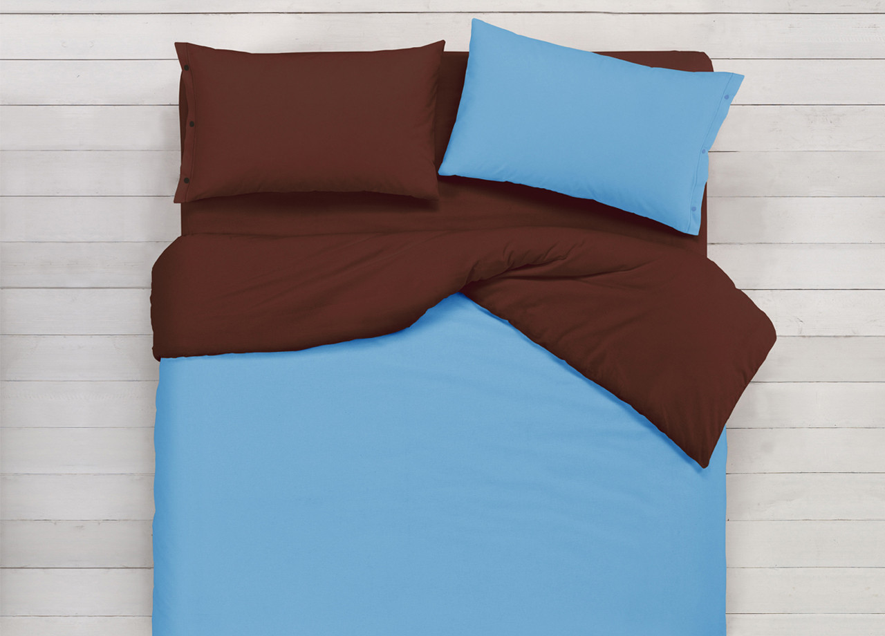 Copripiumino In Puro Cotone Double Face Azzurro/Marrone