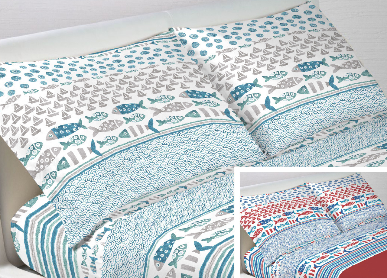 Set 2 Federe Clip Laterali Cuscino Letto In 100% Cotone Modello Pesci Mare
