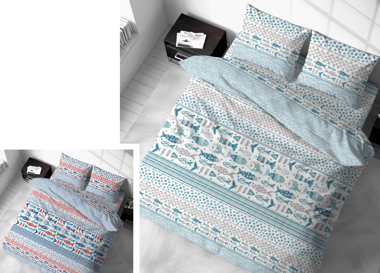 Parure Sacco Copripiumino Letto In Puro Cotone Modello Pesci Mare Made Italy