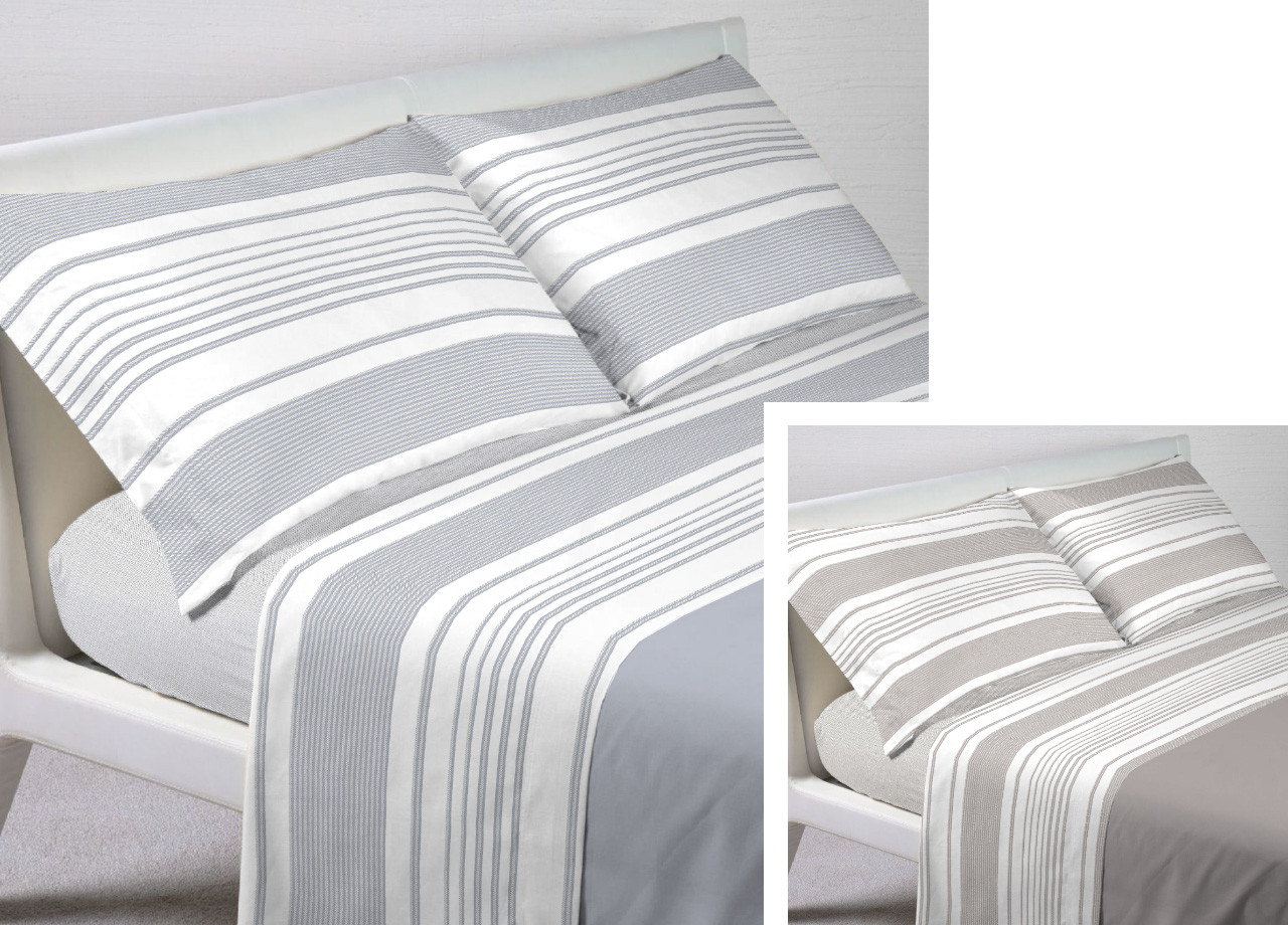 Completo Lenzuola Set Letto In Puro Cotone Modello Riga GI Made Italy