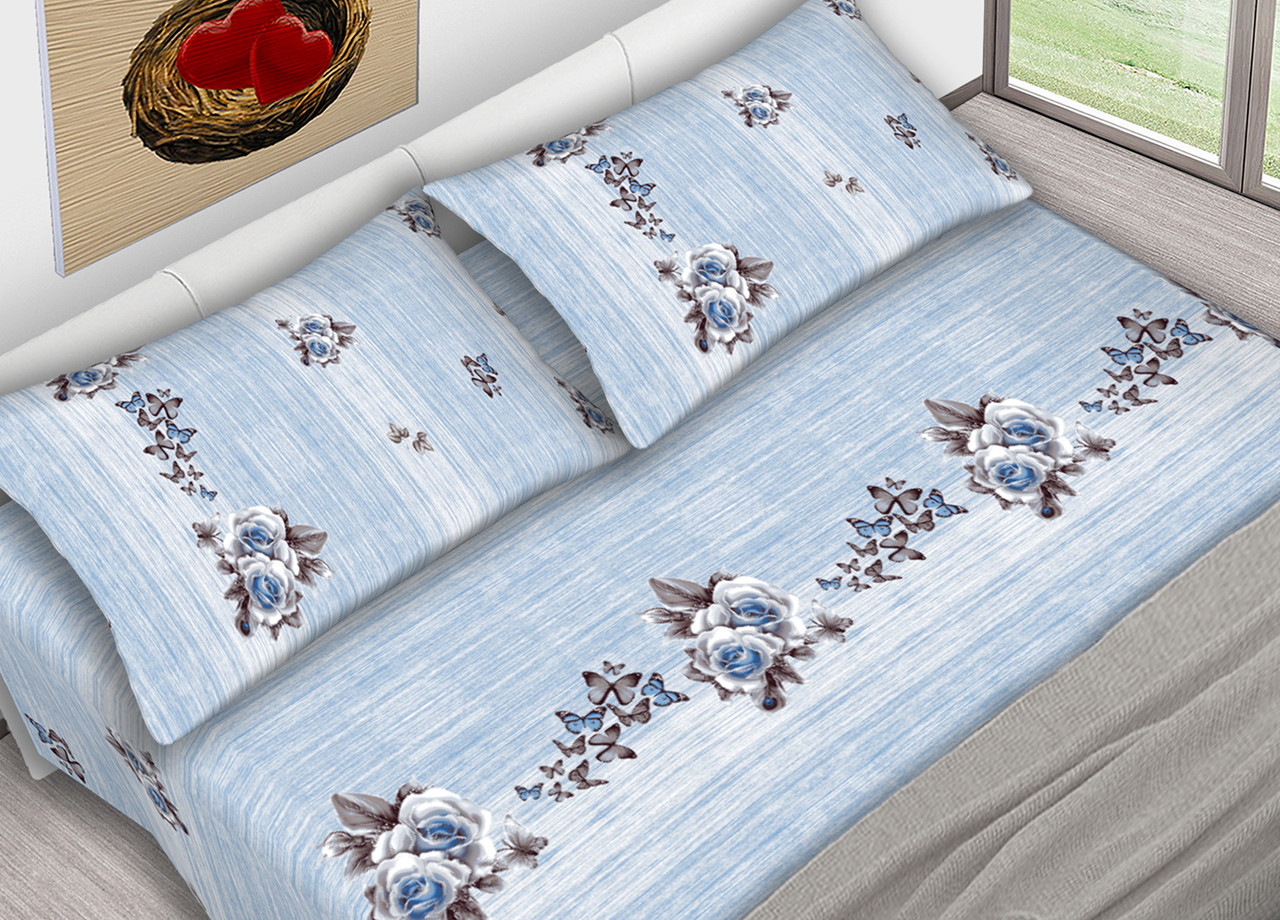 Set Completo Lenzuola Estate In Puro Cotone 2 Piazze Butterflies Skyblue C.N.