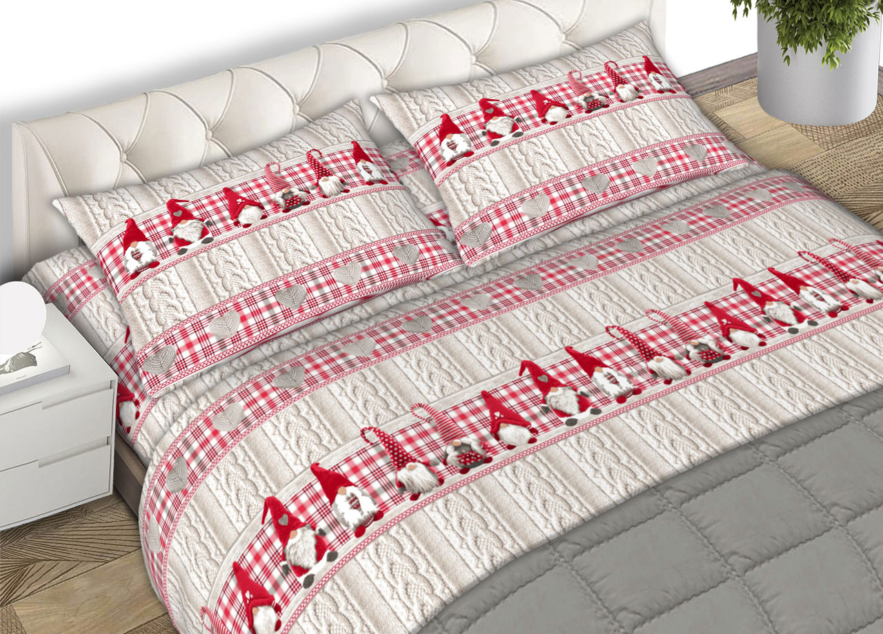 Completo Lenzuola In Puro Cotone Flanellato Made In Italy Fantasia Elfi Rosso CN