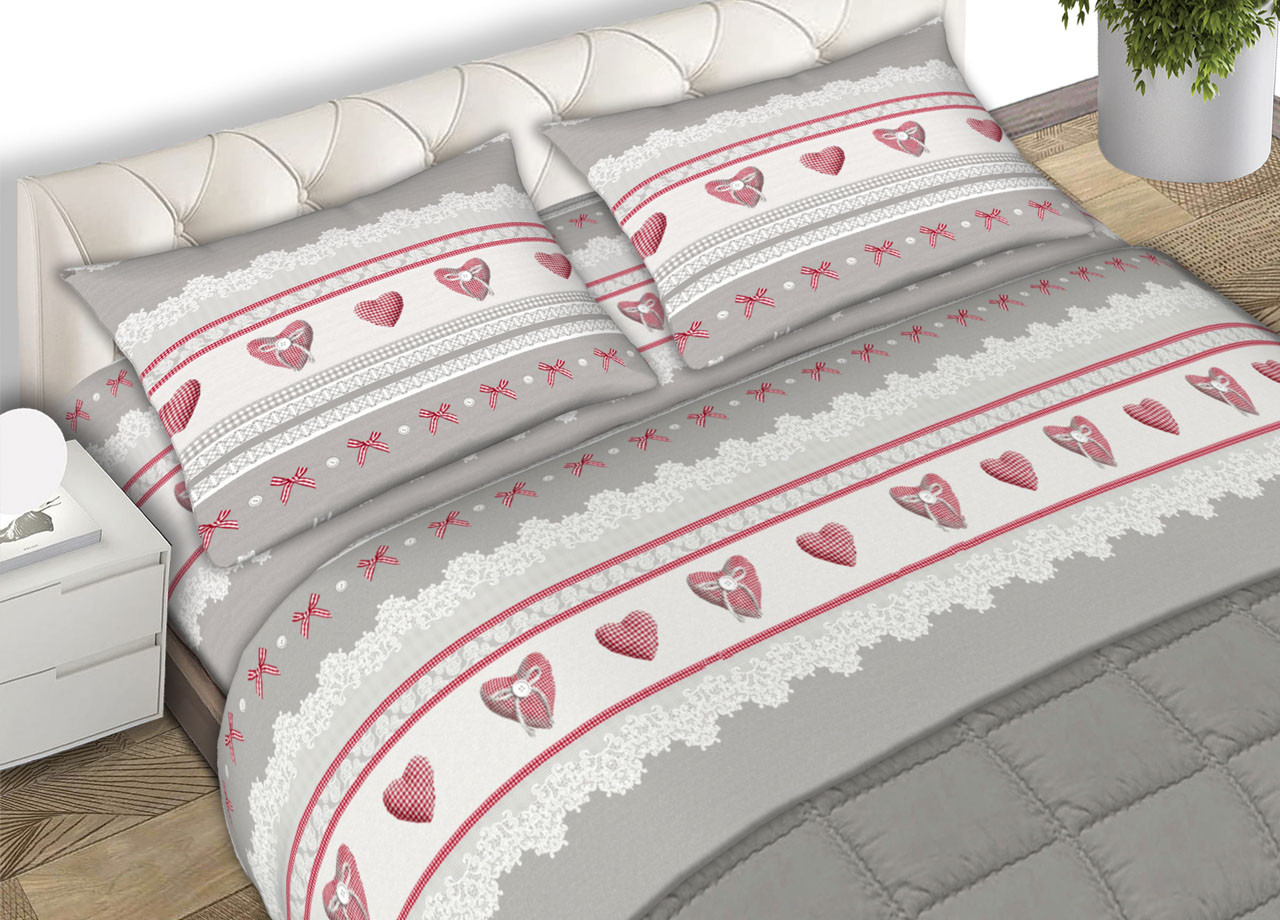 Completo Lenzuola In Puro Cotone Flanellato Made In Italy Fantasia Fiocco Rosso CN