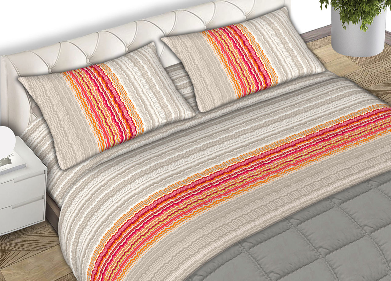 Parure Completo Lenzuola Puro Cotone Letto Matrimoniale Modello Wave Arancio CN