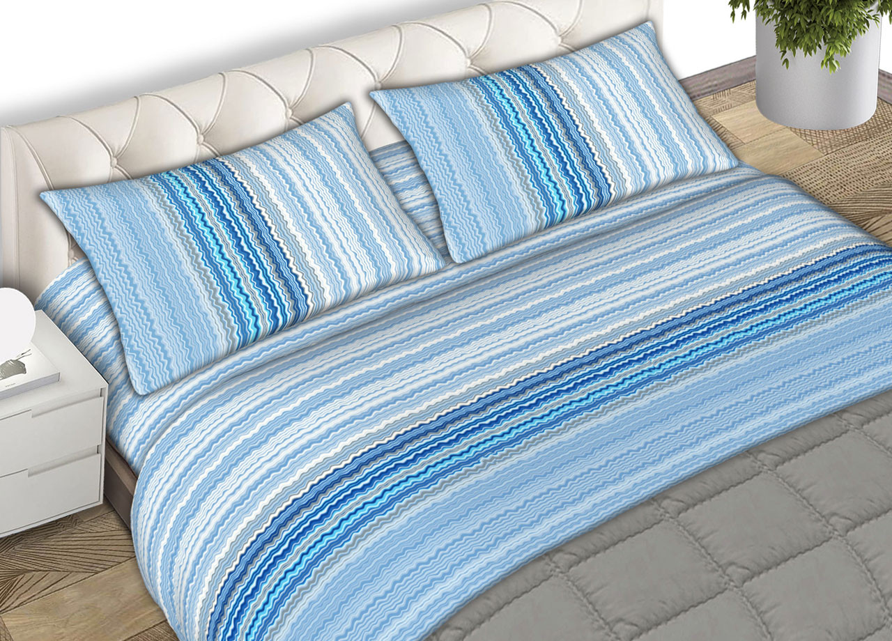 Parure Completo Lenzuola Puro Cotone Letto Matrimoniale Modello Wave Azzurro CN