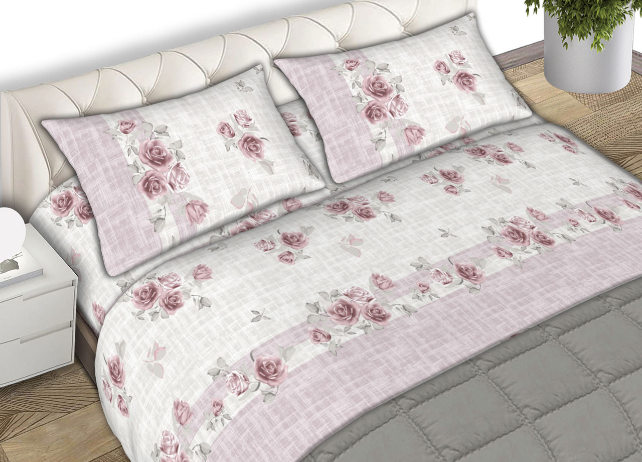 Parure Completo Lenzuola Puro Cotone Letto Matrimoniale Modello Mirea Rosa CN