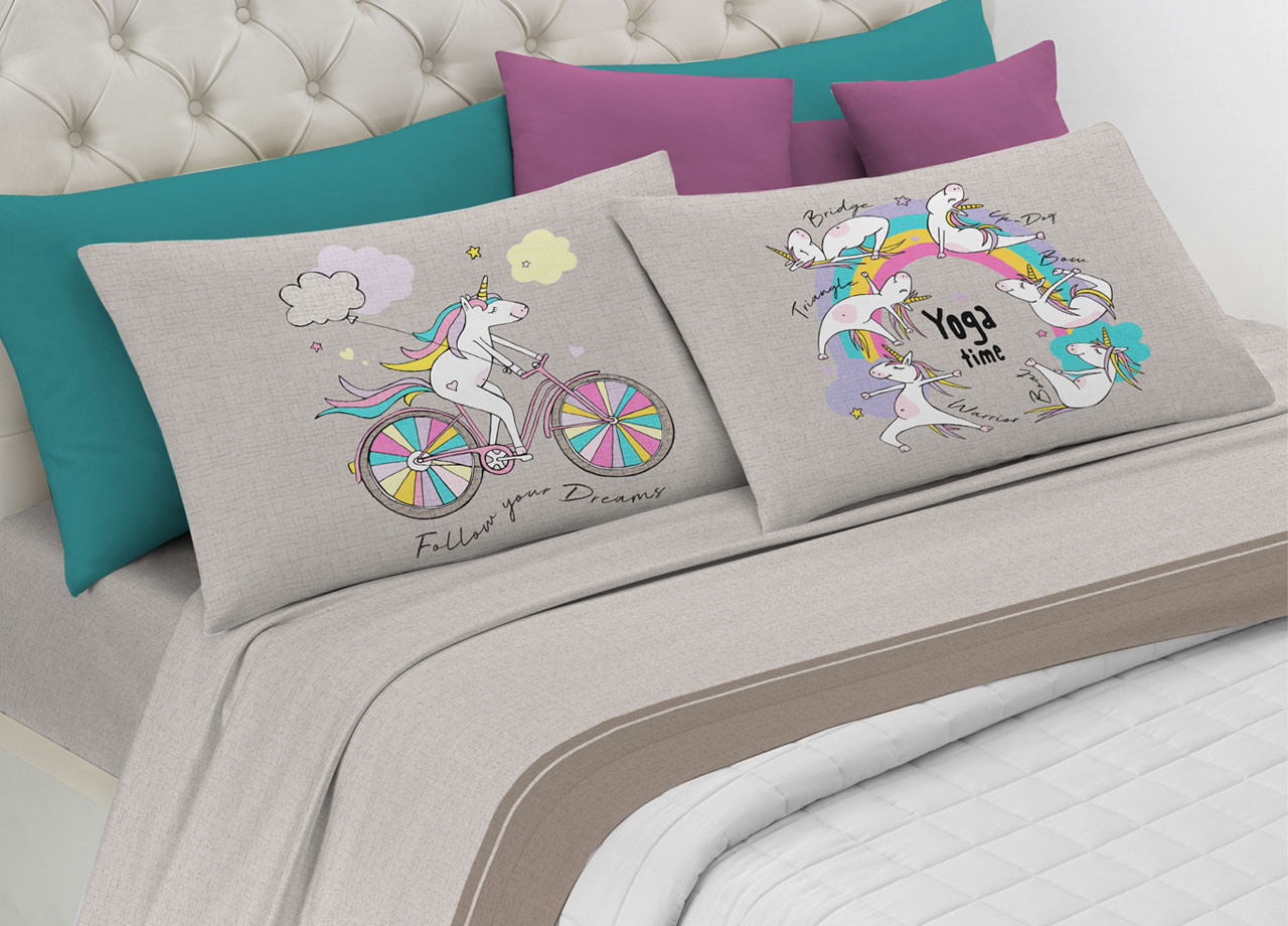 Parure Completo Lenzuola Puro Cotone Made Italy Mod Spin-off Unicorno