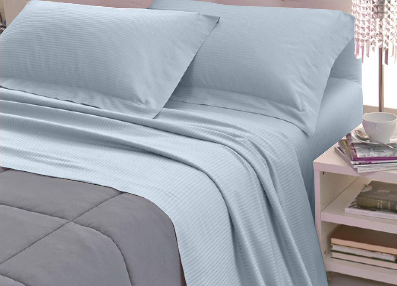 Completo Lenzuola Letto 2 Piazze Raso Cotone Tinta Unita Azzurro
