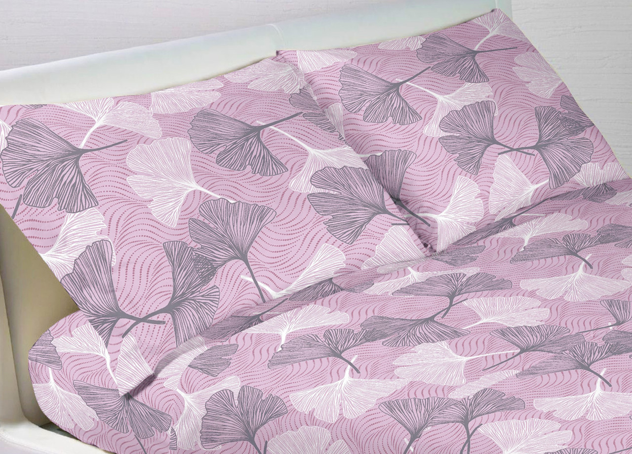 Pack 2 federe Cuscino Letto In Puro Cotone Made Italy Modello Ginko Rosa Foglie