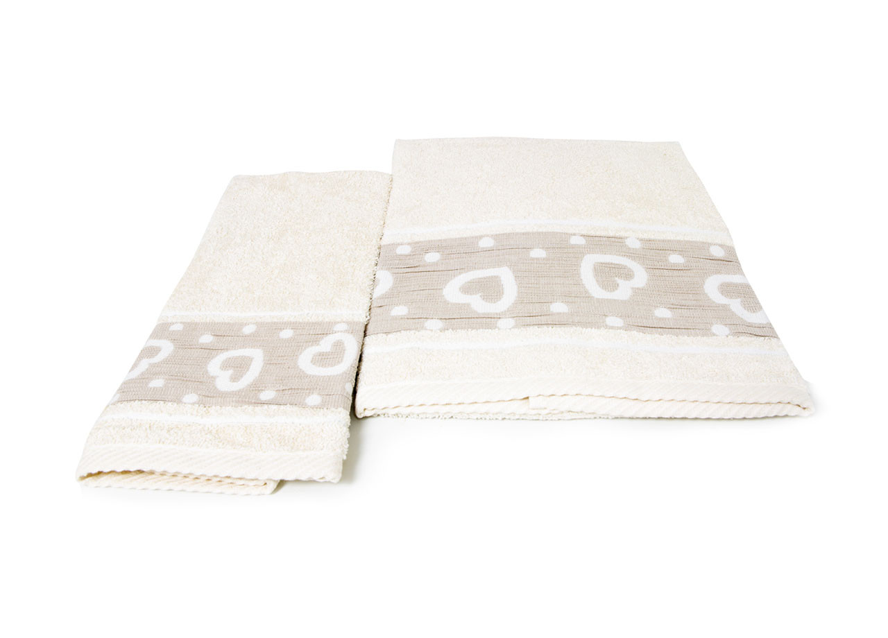 Set 2 Salviette In Cotone Per Bagno In Spugna Modello Amore Colore Beige