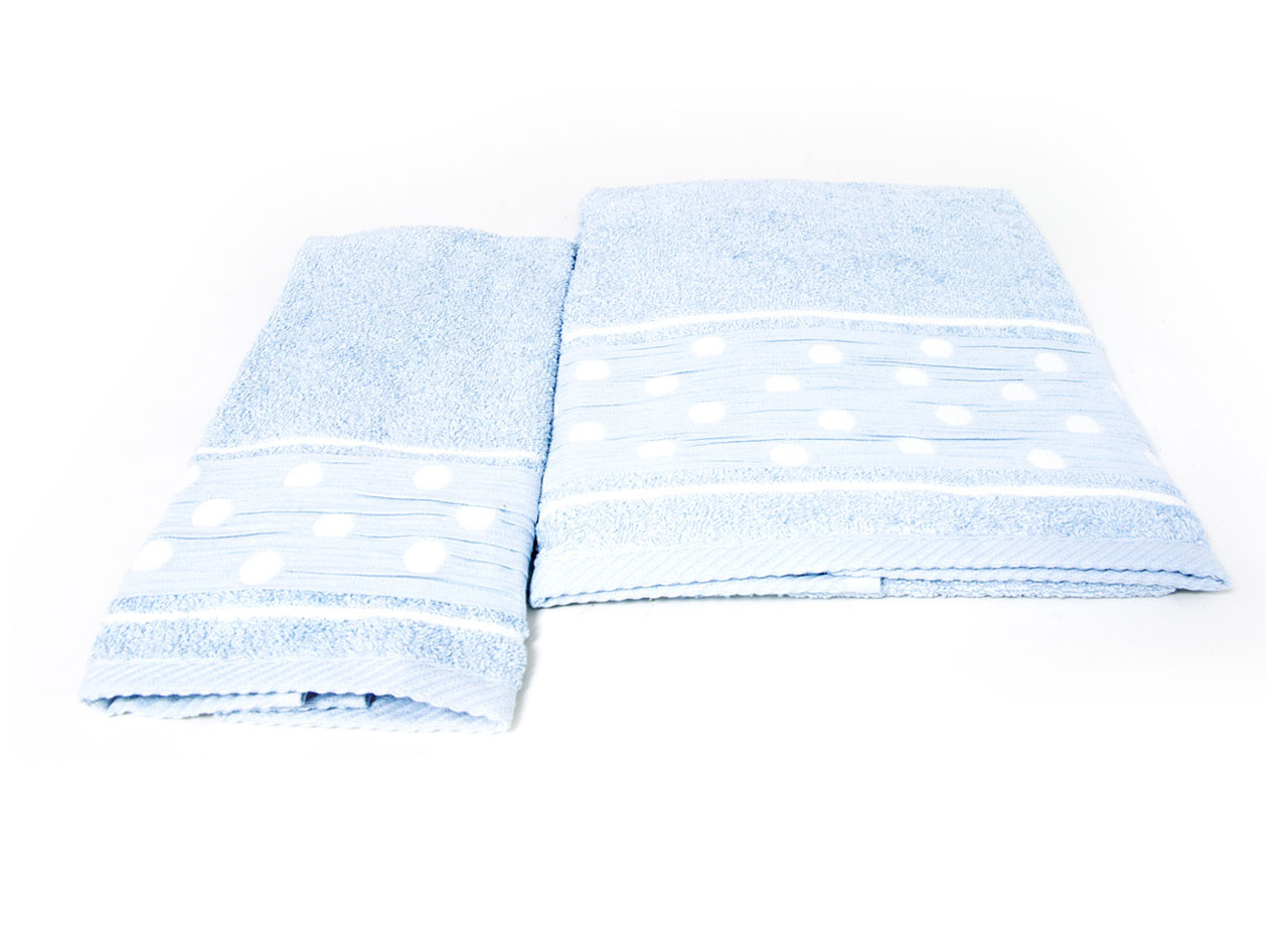 Set 2 Salviette In Cotone Per Bagno In Spugna Modello Pois Colore Azzurro