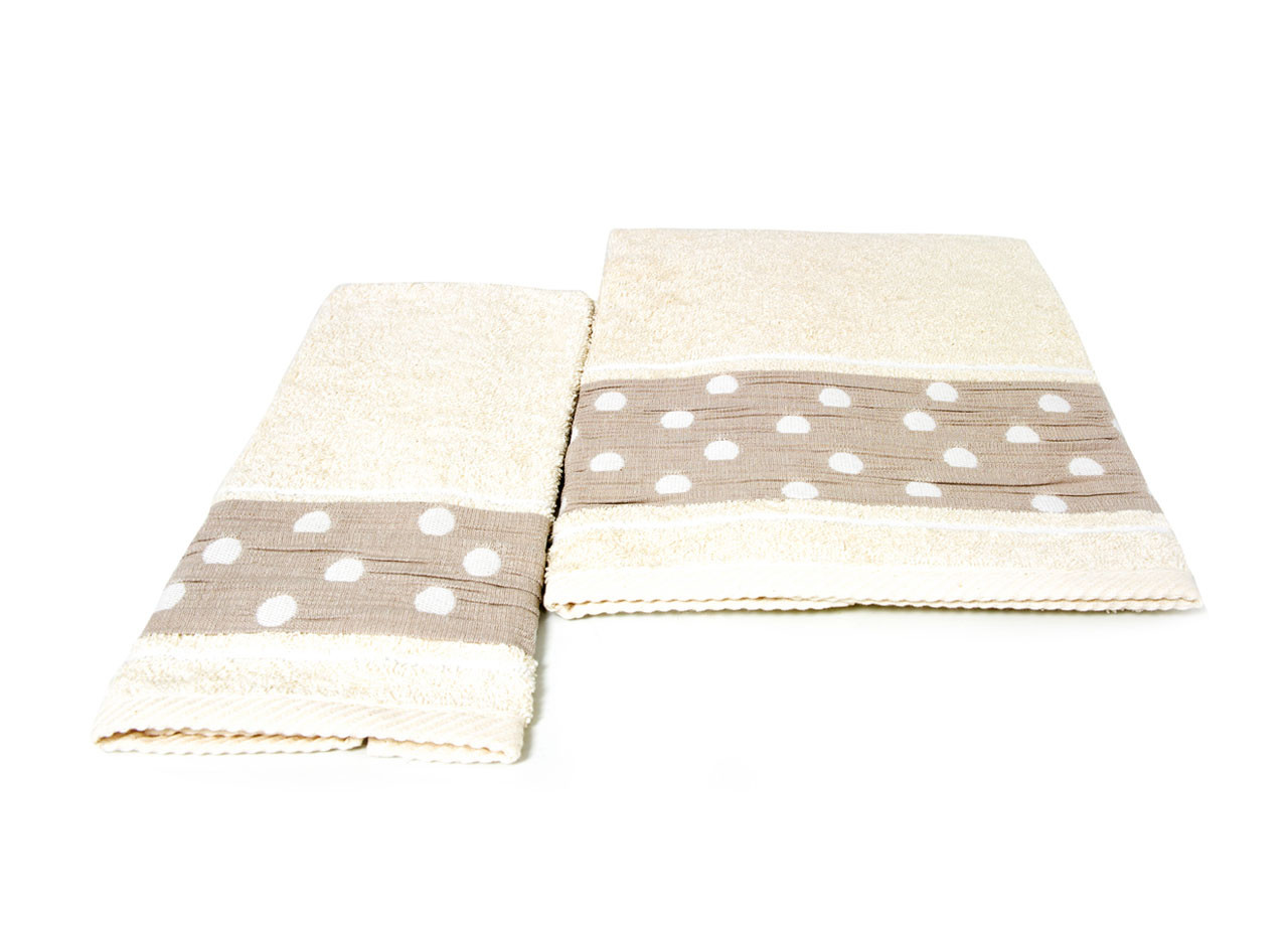 Set 2 Salviette In Cotone Per Bagno In Spugna Modello Pois Colore Beige