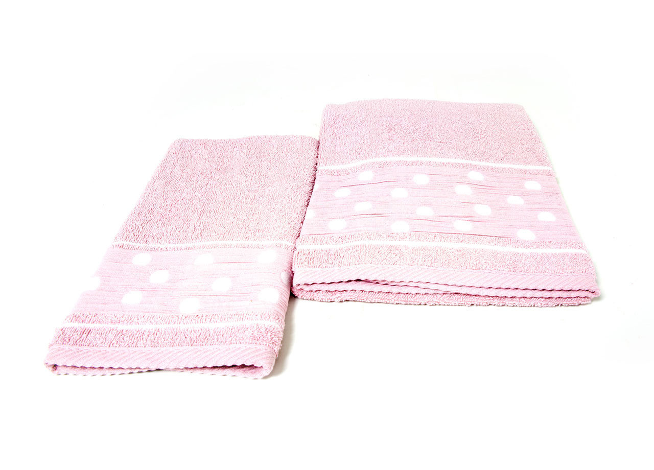 Set 2 Salviette In Cotone Per Bagno In Spugna Modello Pois Colore Rosa