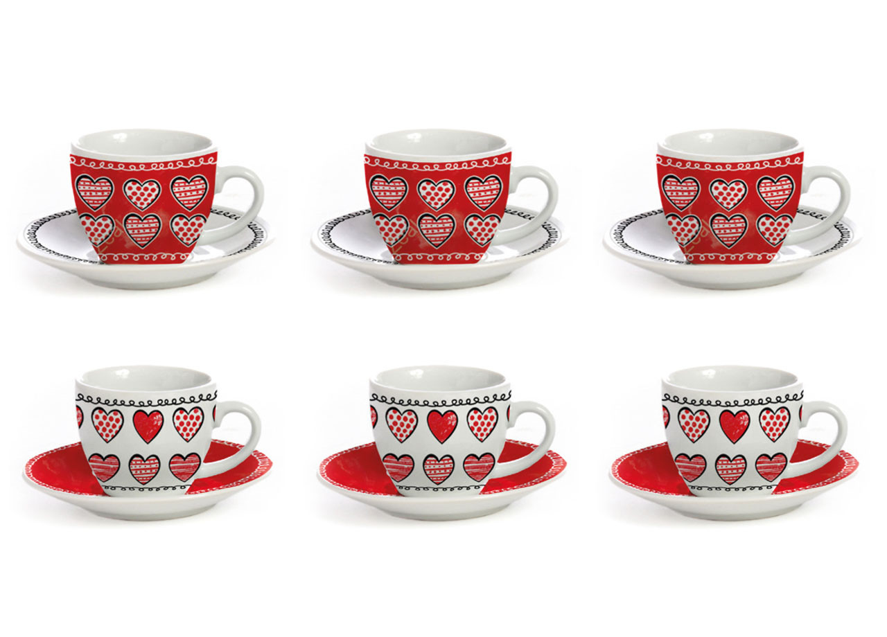 Set 6 Tazzine Coffee Tazza Con Piattino Caffè Espresso Linea Lovely Heart