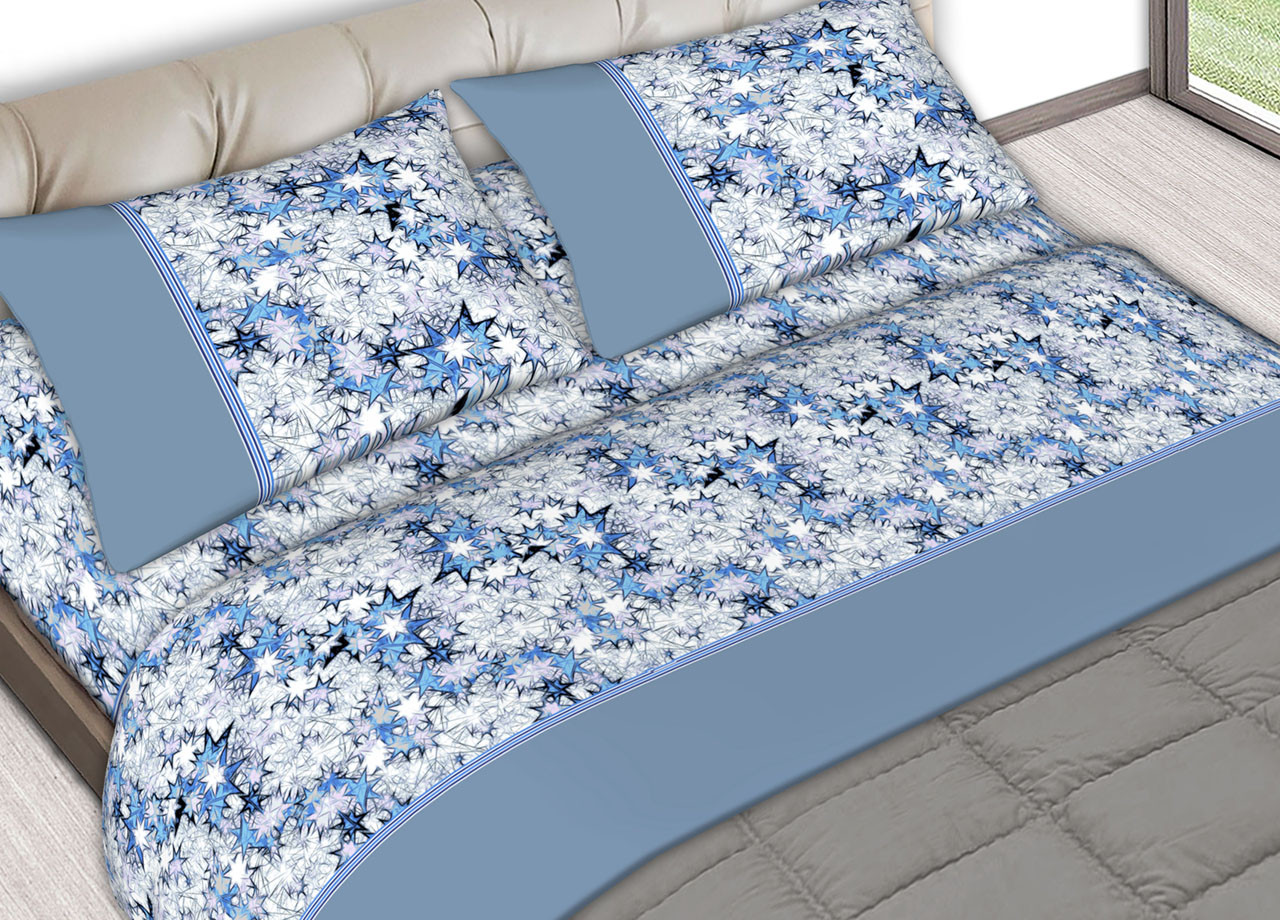 Set Completo Lenzuola Estate In Puro Cotone Stars Blu C.N.