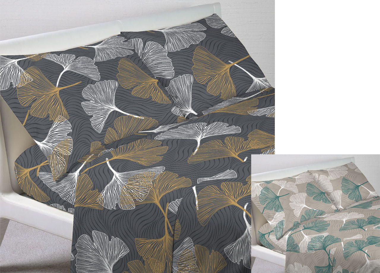 Set Completo Lenzuola Letto Puro Cotone Modello Ginko Botanico