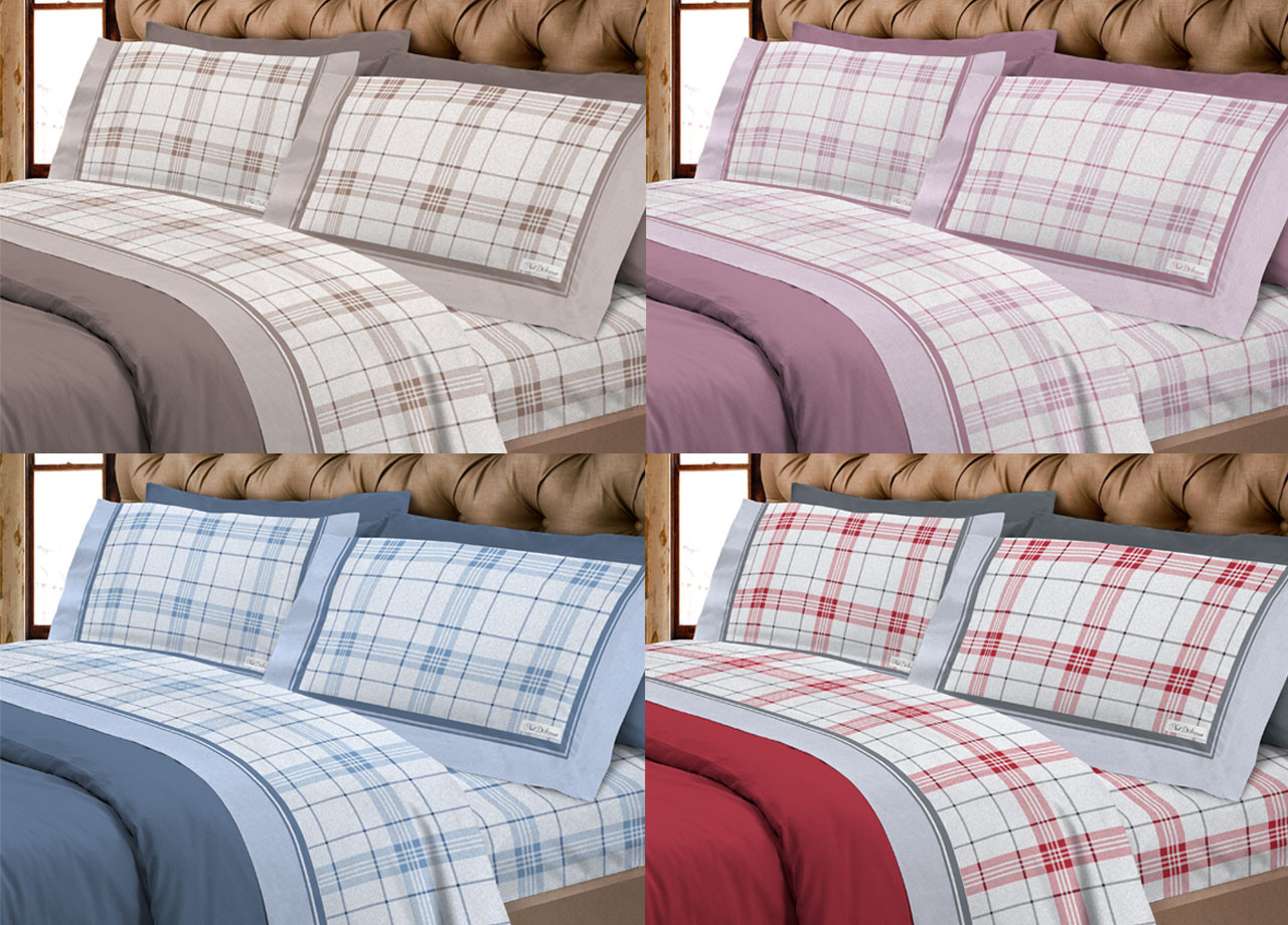 Parure Lenzuola Letto In Cotone Flanellato Modello Rigato Quadri Torino
