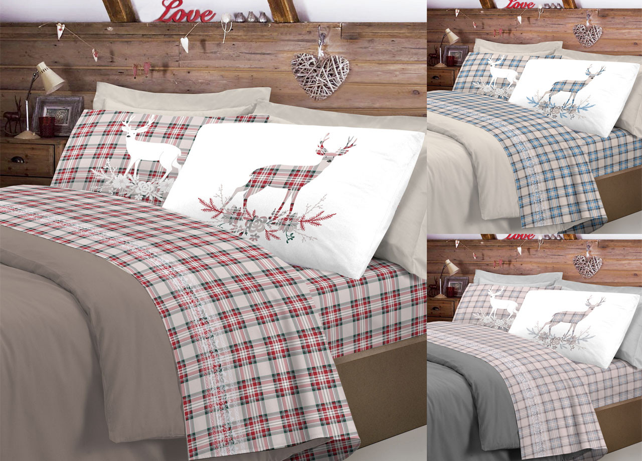 Parure Lenzuola Letto In Cotone Flanellato Modello Cervo Tartan