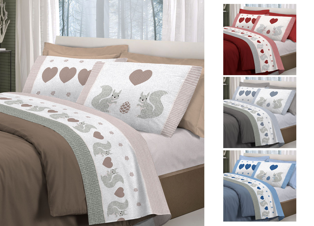 Completo Lenzuola Letto In Cotone Flanella Pensieri Delicati Modello Scoiattolo