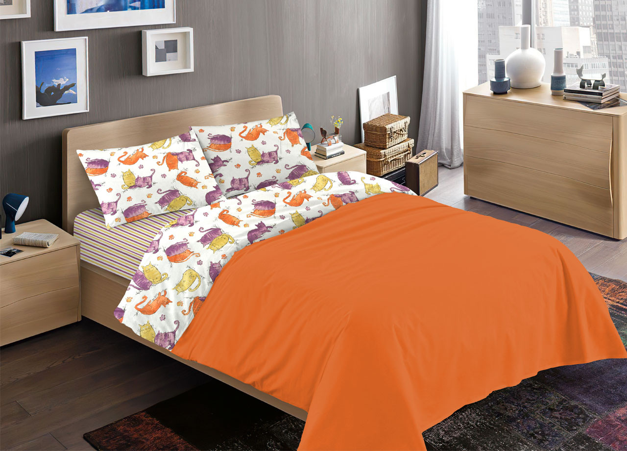 Parure Completo Lenzuola Puro Cotone Letto Modello Gatti RP Made In Italy