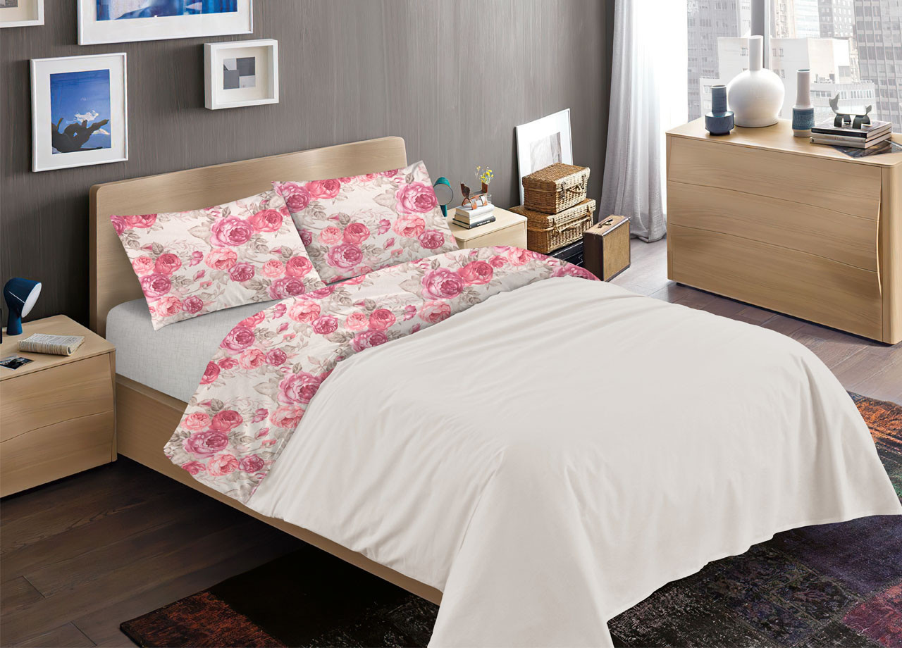 Parure Completo Lenzuola Puro Cotone Letto Modello Rose RP Made In Italy