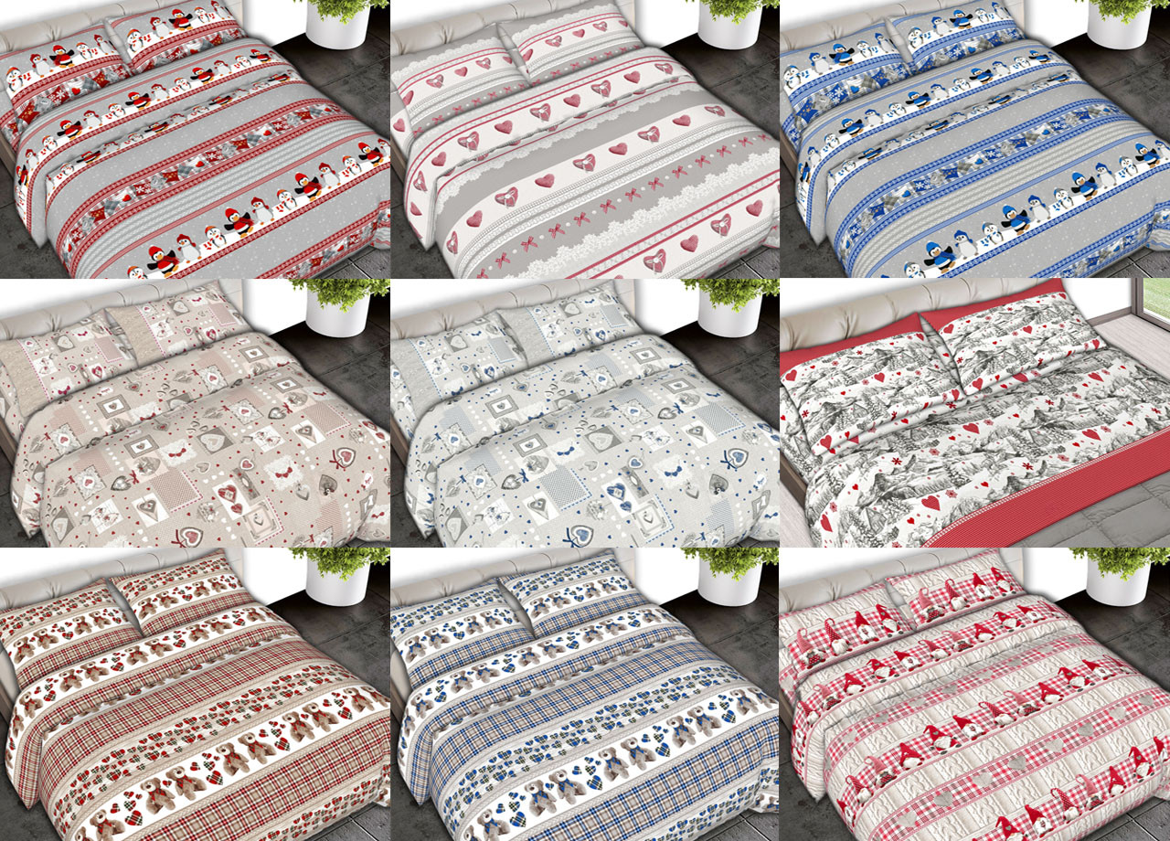 Parure Completo Lenzuola Puro Cotone Modelli Vari Inverno Natale Made Italy Linea CN