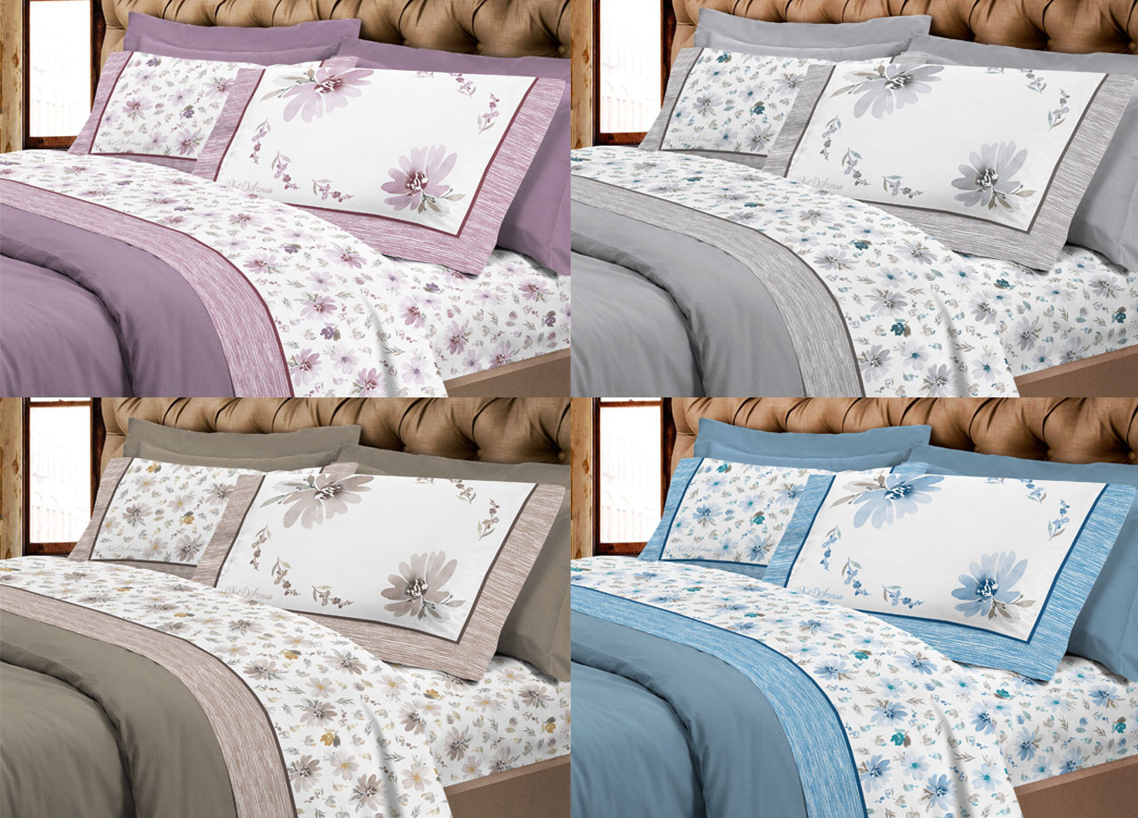 Parure Completo Lenzuola Letto Calde Cotone Flanellato Modello Fiori 8284