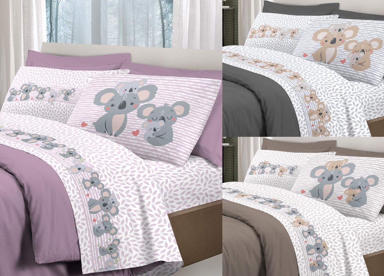 Set Completo Lenzuola Letto Puro Cotone Made Italy Modello Koala Family