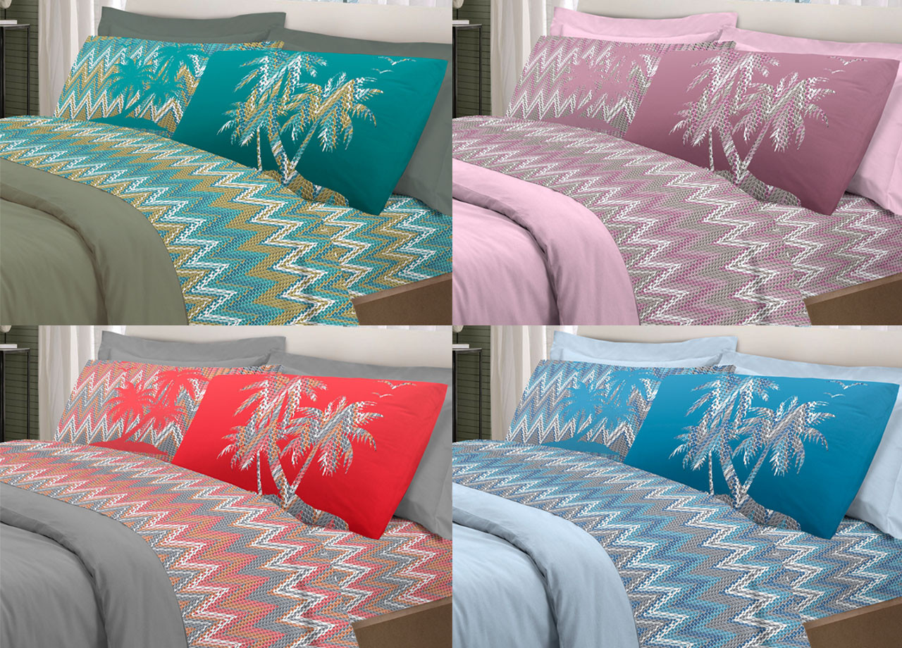 Parure Completo Lenzuola Puro Cotone Linea Pensieri Delicati Mod. Palme Spinato