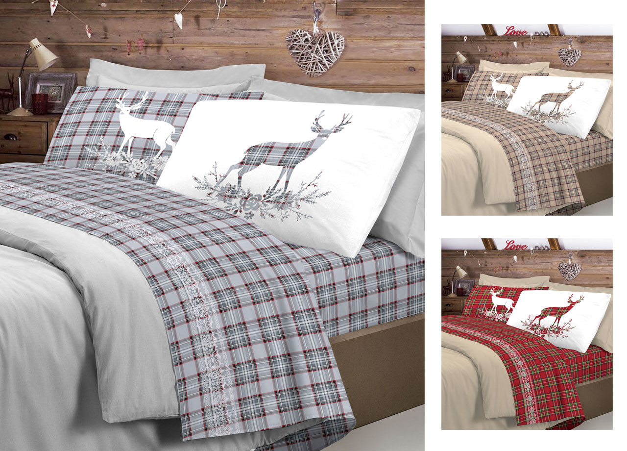 Set Completo Lenzuola In Puro Cotone Made Italy Modello Cervo Tartan