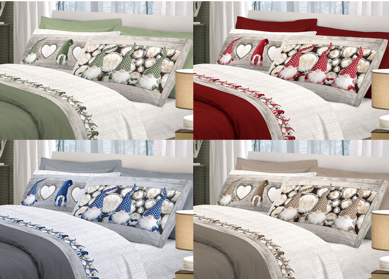Set Completo Lenzuola Letto Puro Cotone Italy Dis. Pensieri Delicati Gnomi