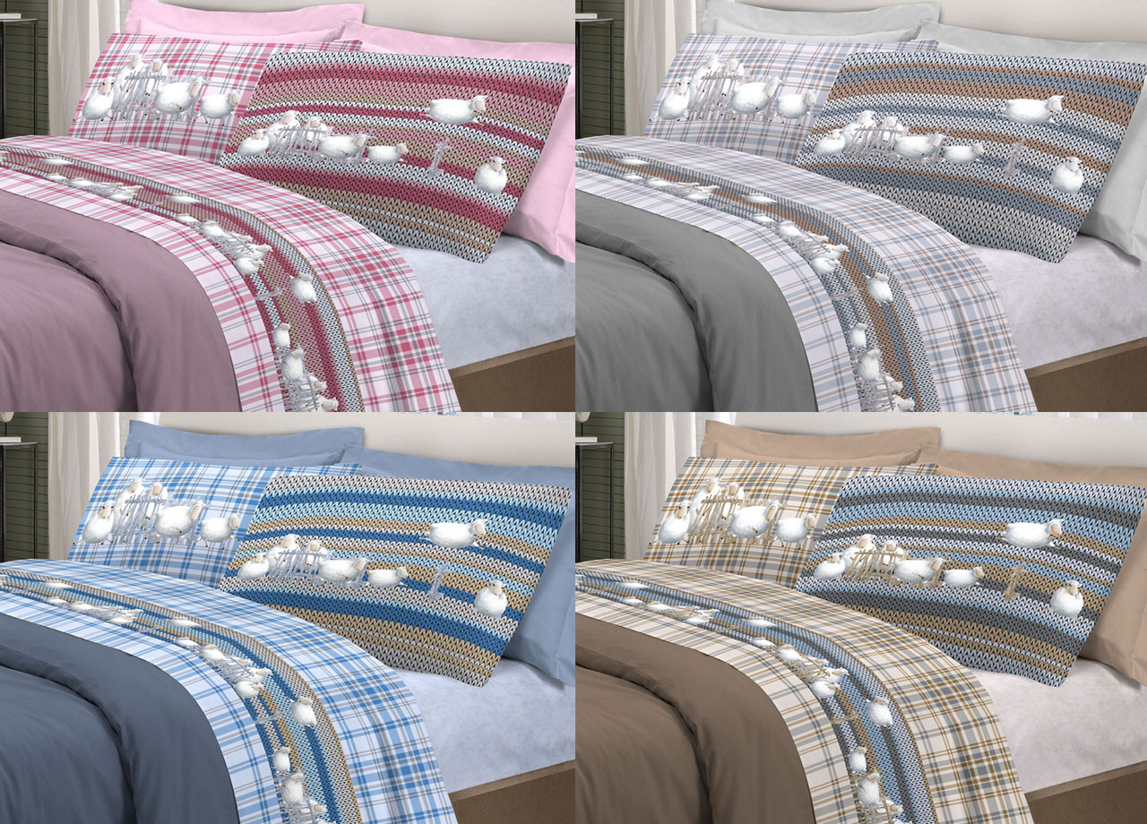 Set Completo Lenzuola Letto Puro Cotone Italy Dis. Pensieri Delicati Pecorelle