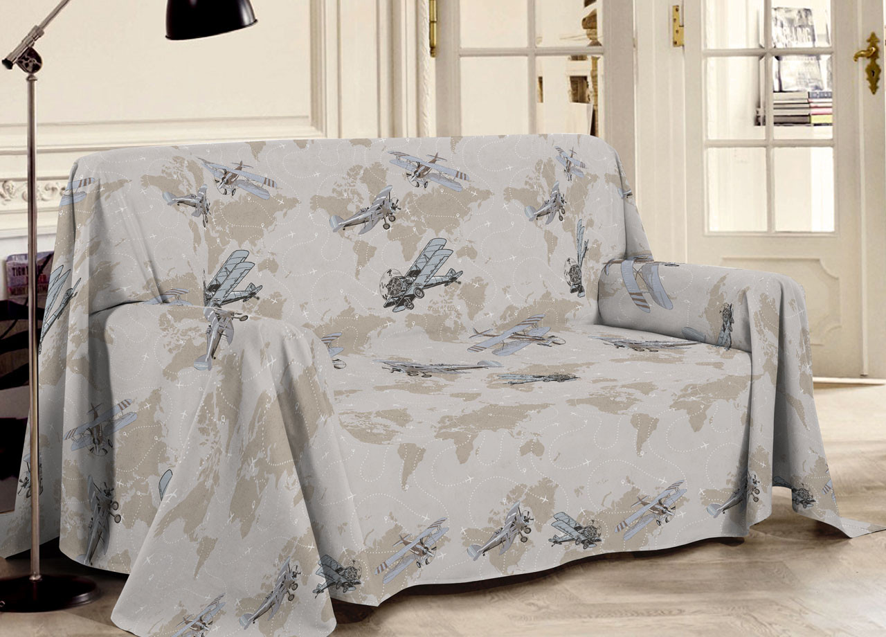 Telo Arredo In Cotone Copriletto Copritutto Pensieri Delicati Aerei Beige