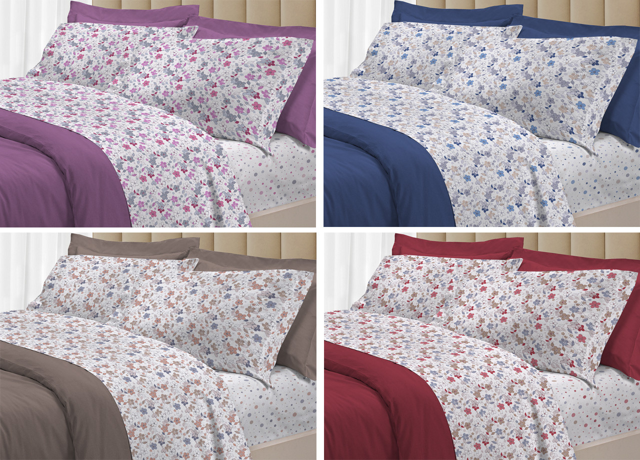 Parure Completo Lenzuola Letto Puro Cotone Modello 30Ventisette Fiore Moderno