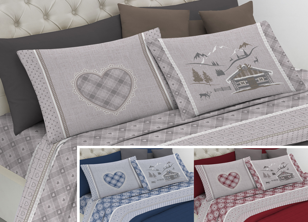 Parure Completo Lenzuola Letto Puro Cotone Pensieri Delicati Modello Chalet