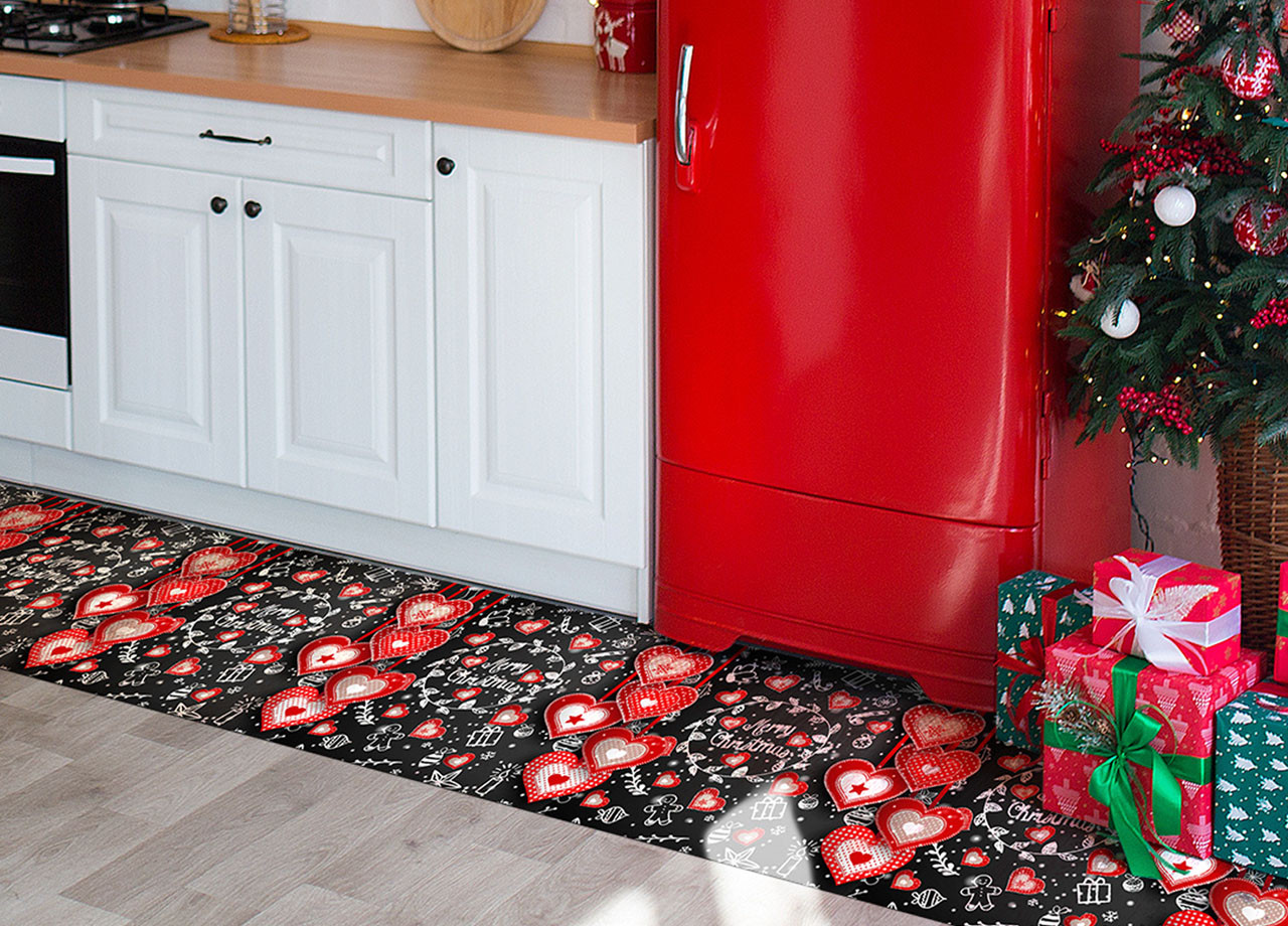 Tappeto Corsia Cucina Passatoia Resinata Antiscivolo Digitale Mod. Cuori Rossi Xmas