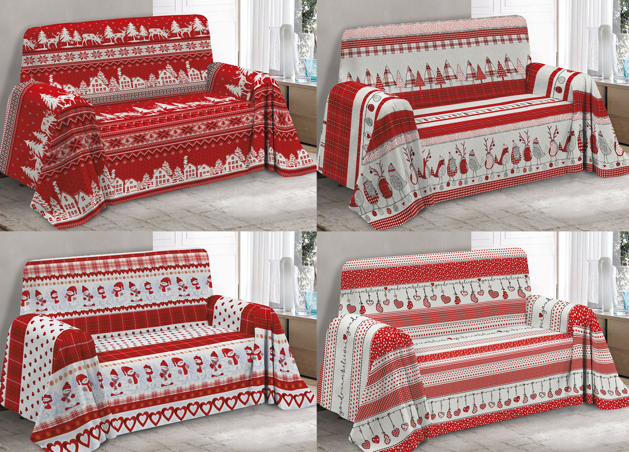 Telo Arredo Copri Tutto Grandfoulard Puro Cotone Dis. Invernale Renne Pupazzo Neve Cuori
