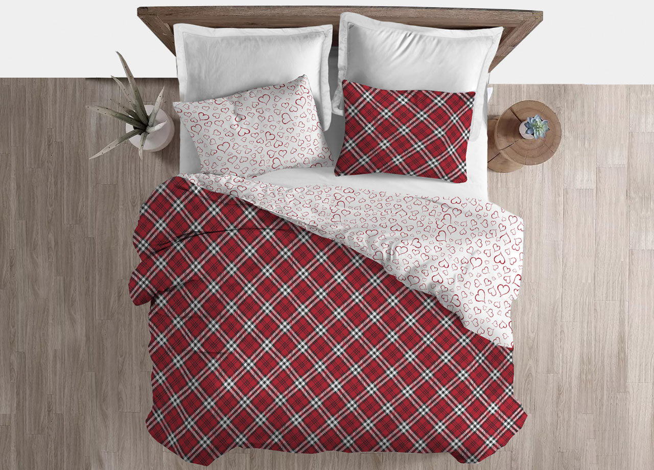 Parure Copripiumino Sacco Letto Puro Cotone Modello Scotty Rosso E Cuori