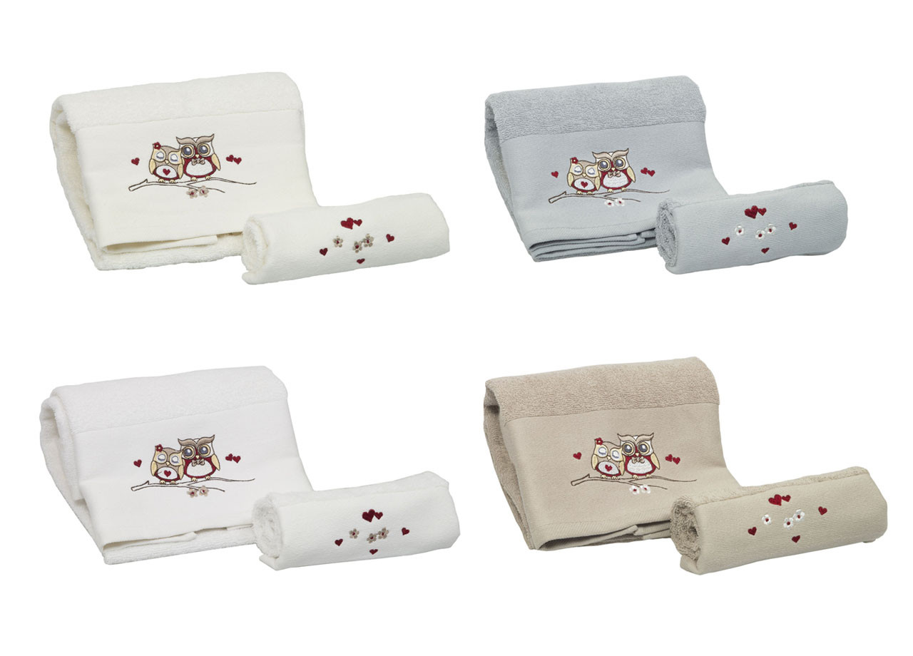 Set 1+1 Asciugamano Salvietta Bagno Ospite Tinta Unita Mod. Gufetti Cuori Vari Colori