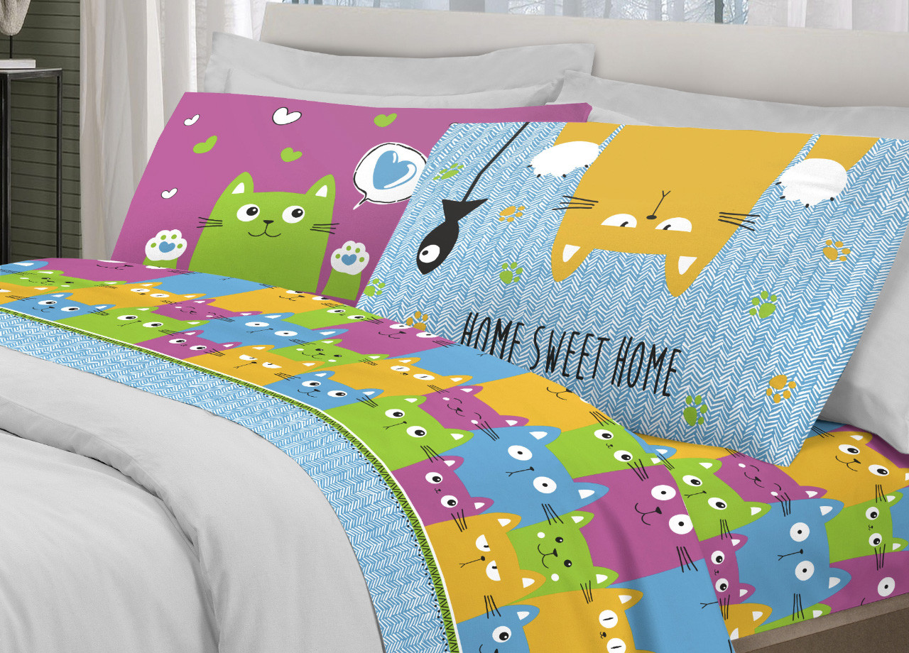 Parure Completo Lenzuola Letto Puro Cotone Pensieri Delicati Modello Happy Cat Multicolor