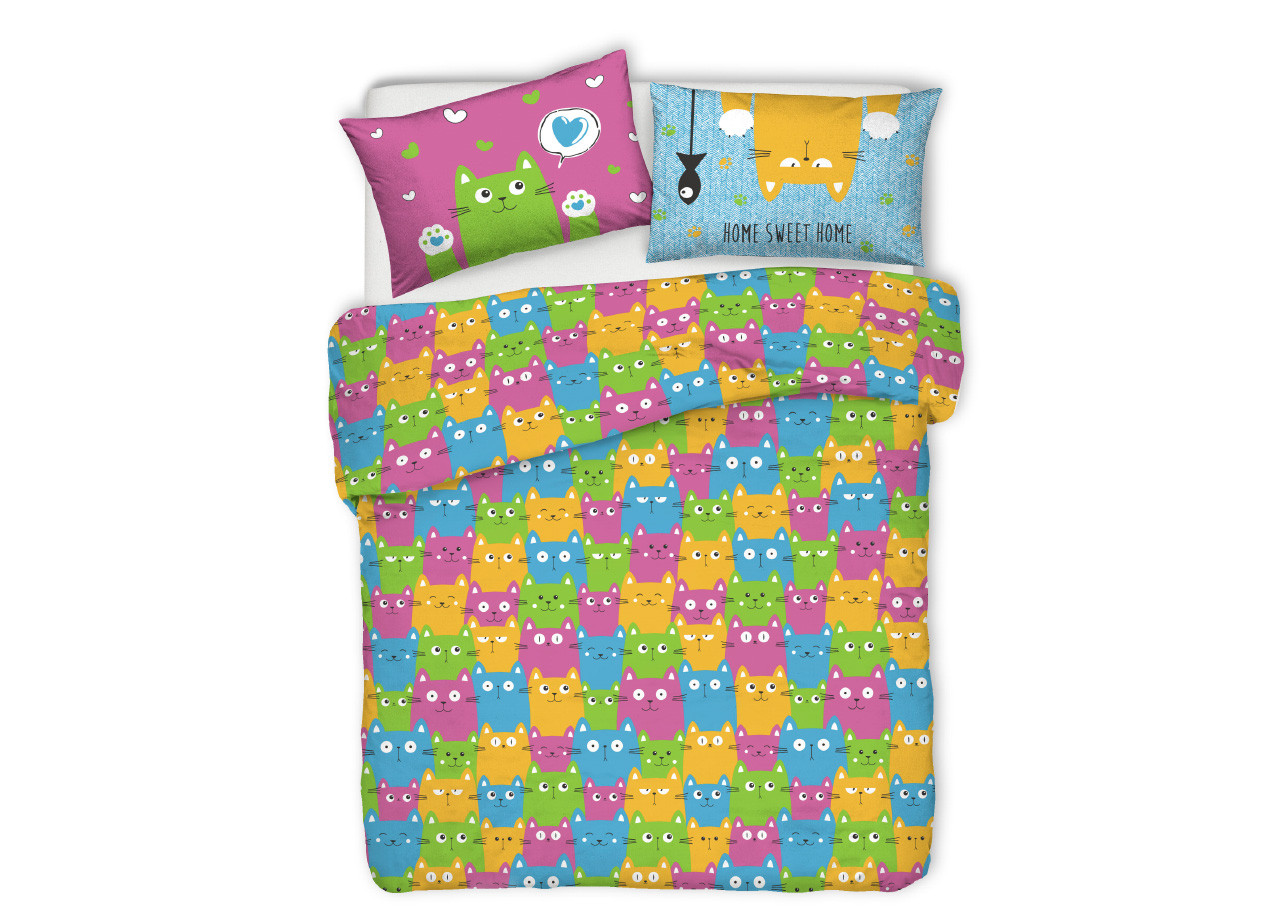 Parure Copripiumino Sacco Letto Puro Cotone Pensieri Delicati Modello Happy Cat Multicolor
