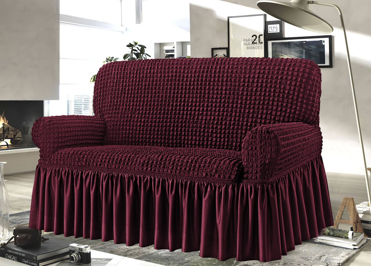 Copridivano-poltrona Elasticizzato Luxory Bordeaux Tinta Unita Con Volants