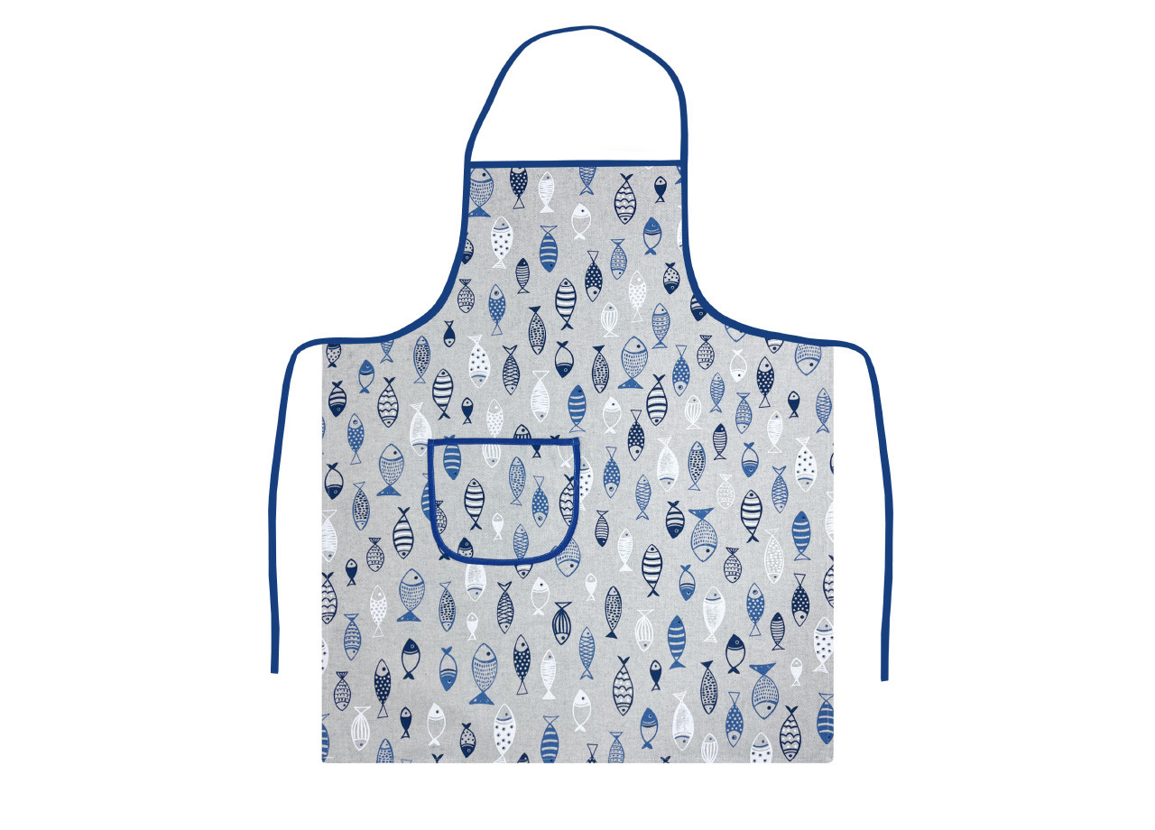 2 Pezzi Grembiule Cucina Grill Con Tasche Modello Pesci Azzurro Fantasia Pesci