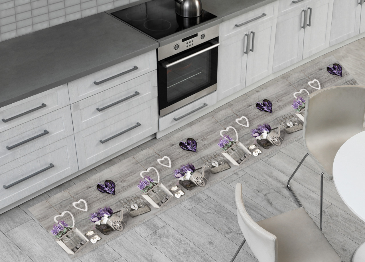 Tappeto Runner Cucina Antiscivolo Passatoia Fantasia Lavanda Cuor Carretto Grigio