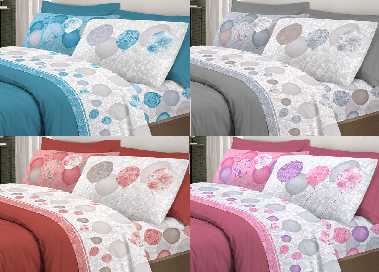 Parure Completo Lenzuola Letto Puro Cotone Pensieri Delicati Modello Palloncini