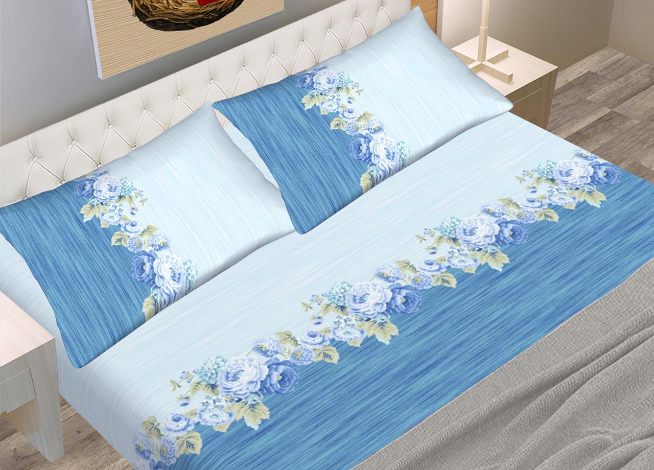 Completo Lenzuola In puro Cotone Modello C.N. Disegno New Roses Colore Sky Blue