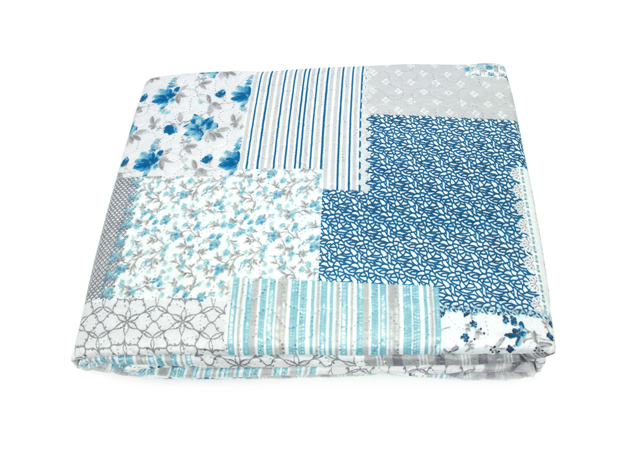 Boutis Copriletto Trapuntato Matrimoniale Linea Match Fantasia Patchwork Azzurro