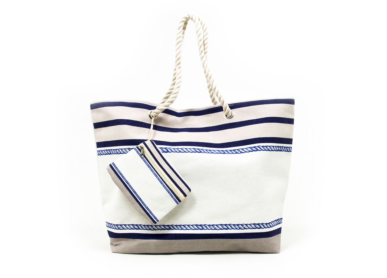 Borsa Mare Grande Beach Spiaggia Piscina Fantasia Le Bains Rigata Blu Chiusura Zip Pochette